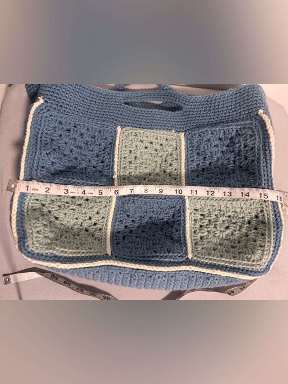 Handmade Crochet Granny Square Tote Bag Blue and Pink Boho Knit Purse - Picture 6 of 10